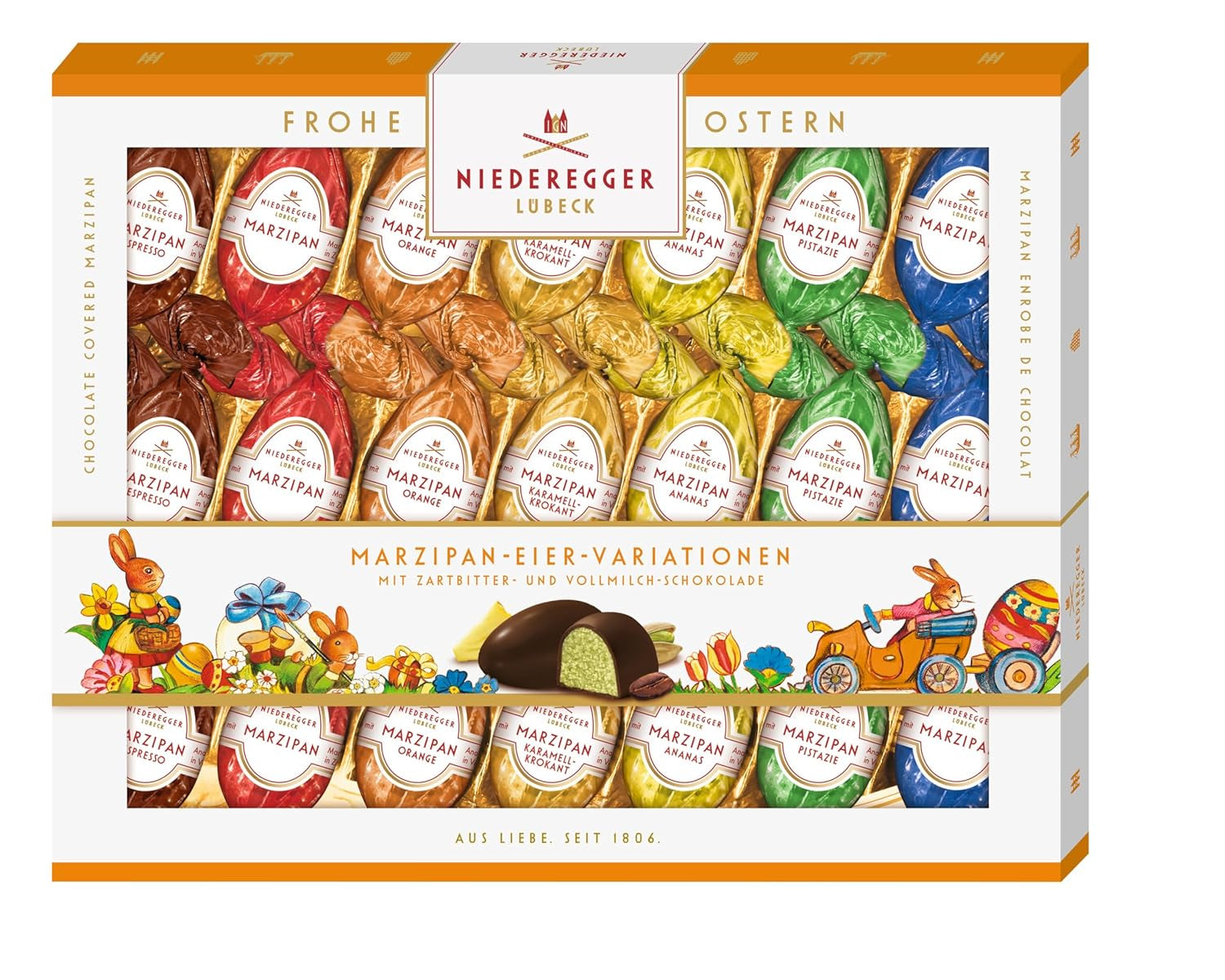 Niederegger | Huevos de mazapán | 1 x 262 g | Variantes: Clásico, Chocolate con Leche, Naranja, Caramelo Crujiente, Piña, Espresso y Pistacho | Cubierto de chocolate negro y con leche | regalo de pascua