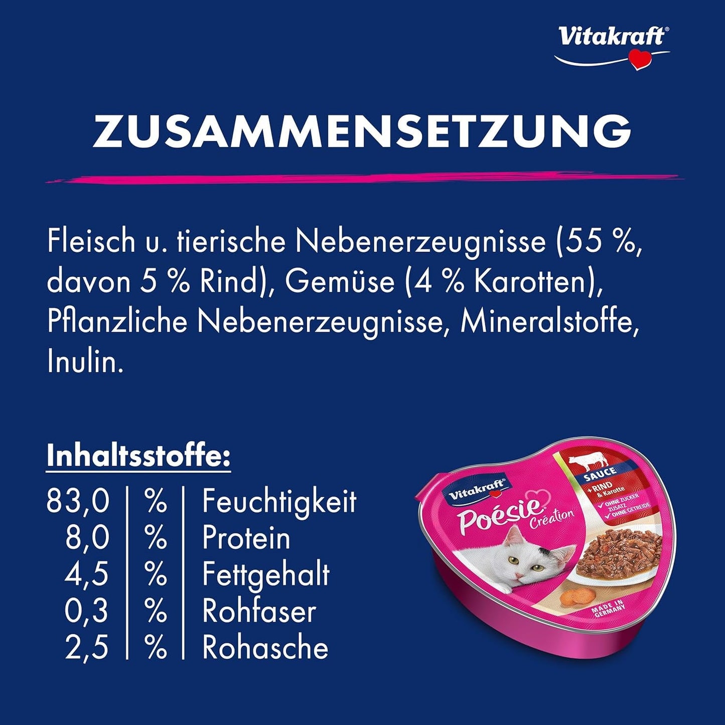 Vitakraft Poésie Création, comida húmeda para gatos, comida húmeda en salsa, con ternera y zanahoria, paquete a granel, sin azúcares ni cereales añadidos (15 x 85 g)