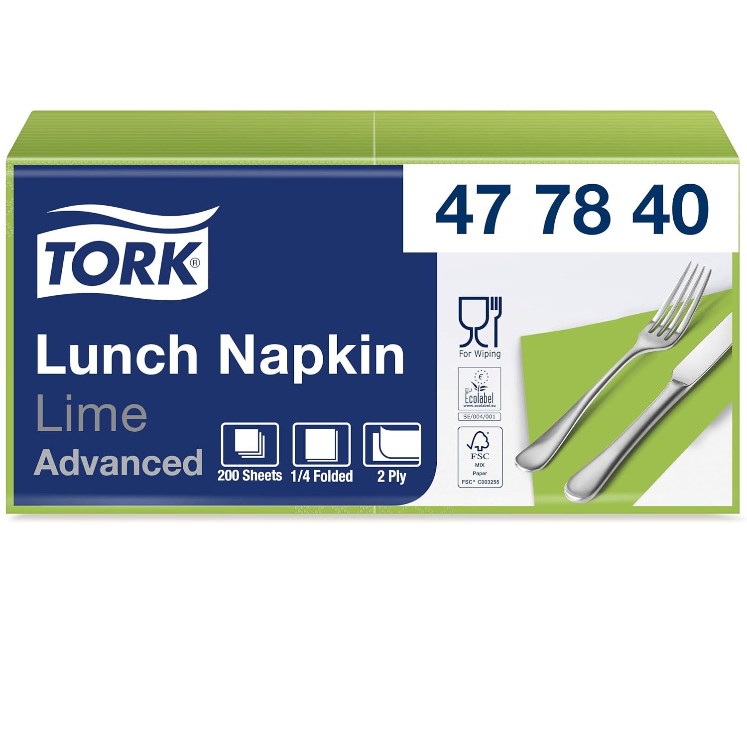 Tork 477840 Servilletas de almuerzo color lima / Servilletas de 2 capas para comidas pequeñas o refrigerios / Calidad avanzada / Servilletas de papel 10 x 200 (2000) / 32,6 x 33 cm (largo x ancho) / Pliegue 1/4