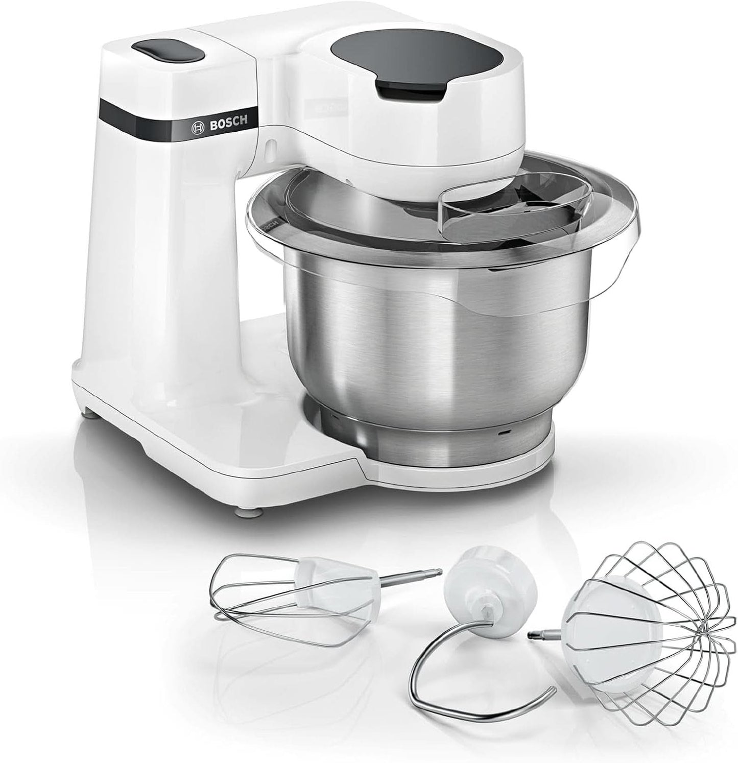 Bosch Küchenmaschine Serie 2 MUMS2EW00, Edelstahl-Schüssel 3.8 L, Planetenrührwerk, Knethaken, Schlag-, Rührbesen Edelstahl, 4 Arbeitsstufen, Durch Options Zubehör Erweiterbar, 700W, Weiß Kitchen Naty Shop