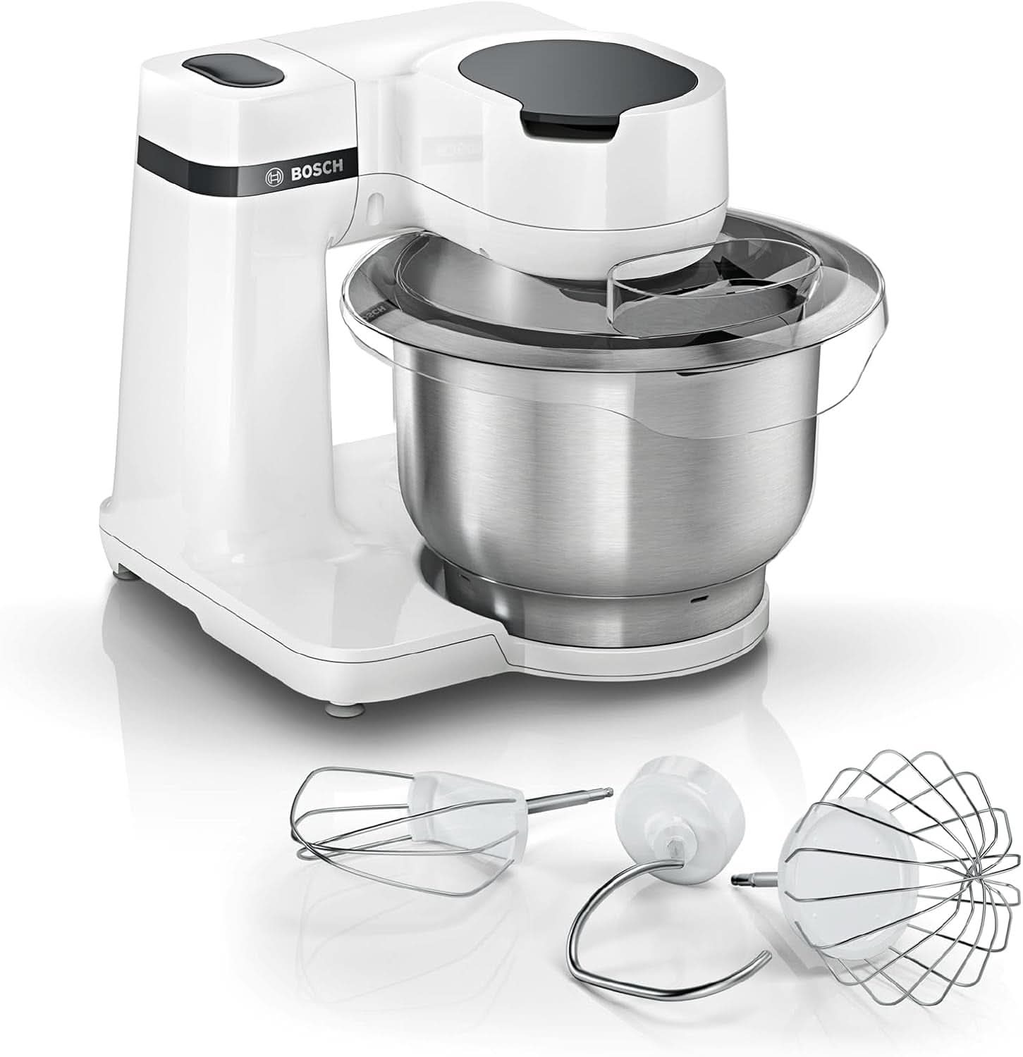 Bosch Küchenmaschine Serie 2 MUMS2EW00, Edelstahl-Schüssel 3.8 L, Planetenrührwerk, Knethaken, Schlag-, Rührbesen Edelstahl, 4 Arbeitsstufen, Durch Options Zubehör Erweiterbar, 700W, Weiß Kitchen Naty Shop