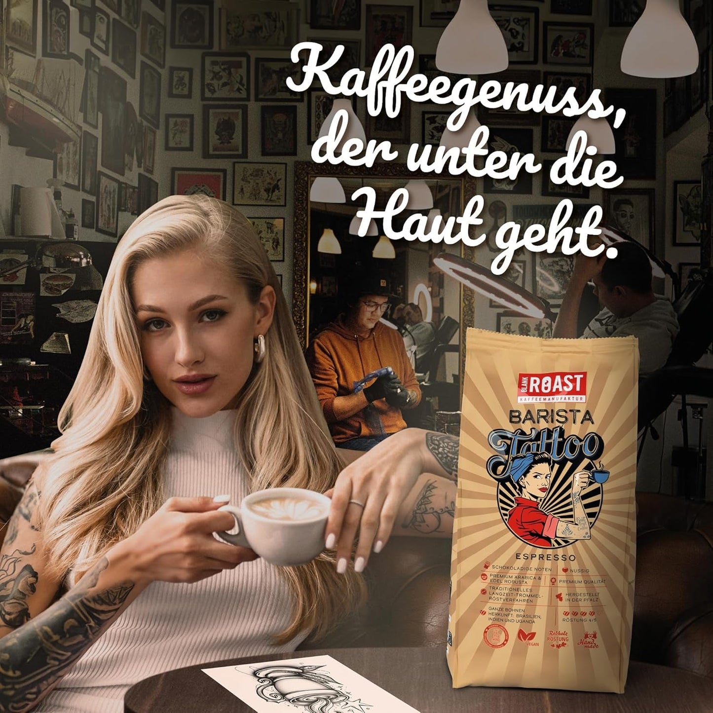 ASADO EN BLANCO - Barista Tattoo Espresso - 1000g - im Langzeit Trommel-Röstverfahren geröstet - Bohnen aus den besten Anbaugebieten - Premium Arábica y Edel Robusta - schokoladig & nussig - säurearm