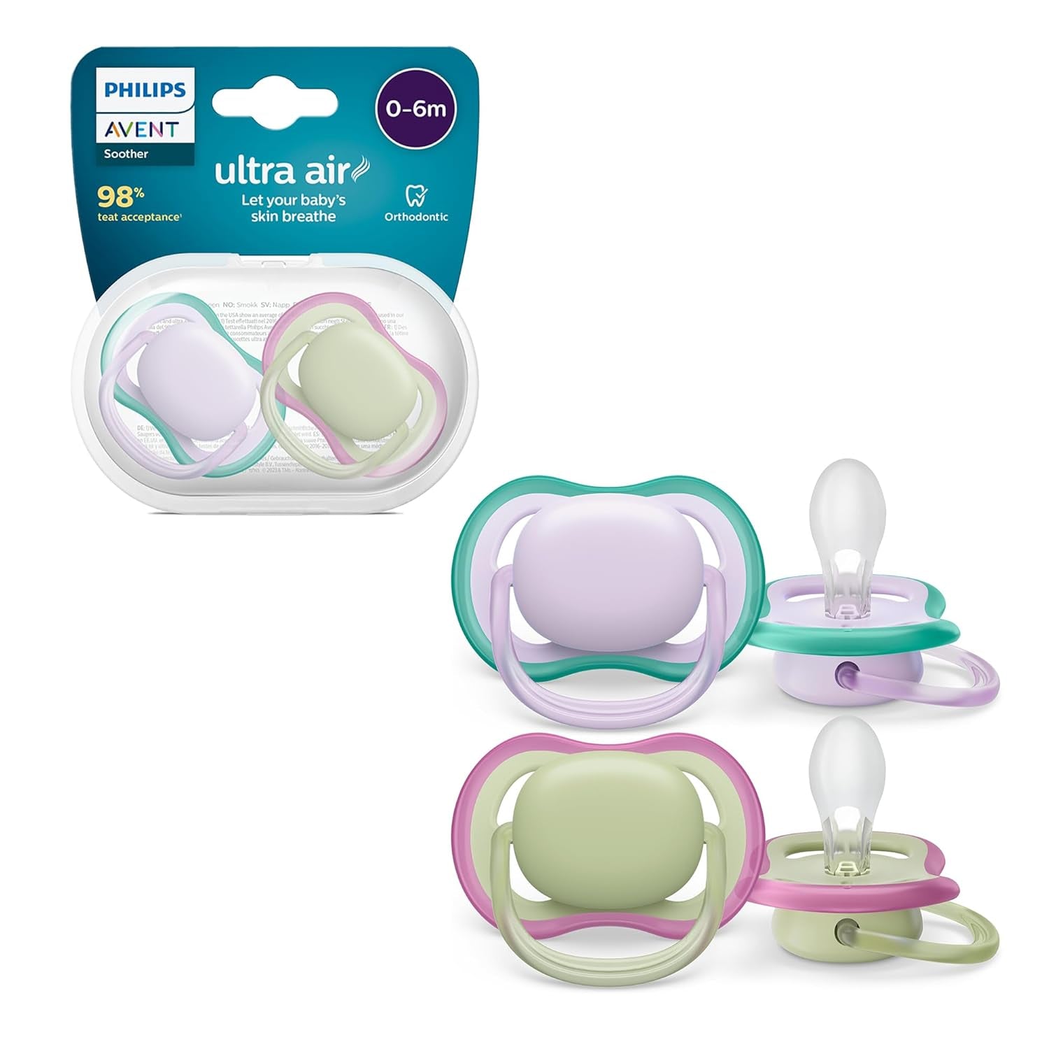 Chupetes Philips AVENT ultra air - Chupetes ligeros y transpirables para bebés de 0 a 6 meses, sin BPA, con estuche como esterilizador, pack de 2, modelo SCF085/24