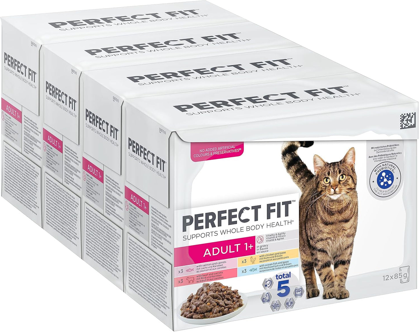 Perfect Fit Adult 1+ selección de comida húmeda con salmón, pescado de aguas profundas, ternera y pollo, 48 sobres, 12x85g (paquete de 4) - Comida húmeda premium para gatos adultos a partir de 1 año