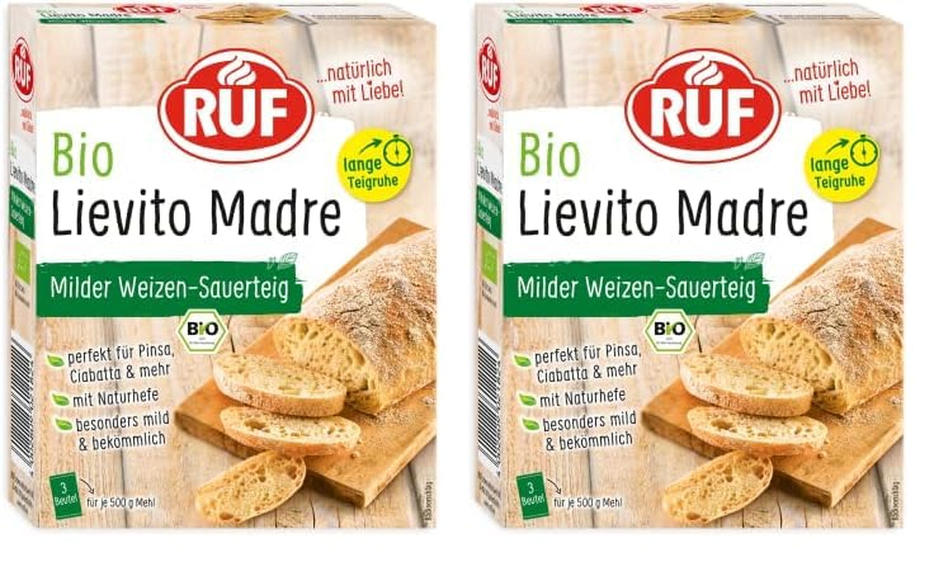 RUF Lievito Madre Sauerteig, Milder Weizen-Sauerteig, Mutterteig, Kurze Teigruhe Durch Enthaltene Trockenhefe, Lievito Madre Getrocknet Für Brot, Baguette, Focaccia, 3X35G Mezcla para hornear y cocinar Naty Shop 105 G (2Er Pack) Lange Teigruhe