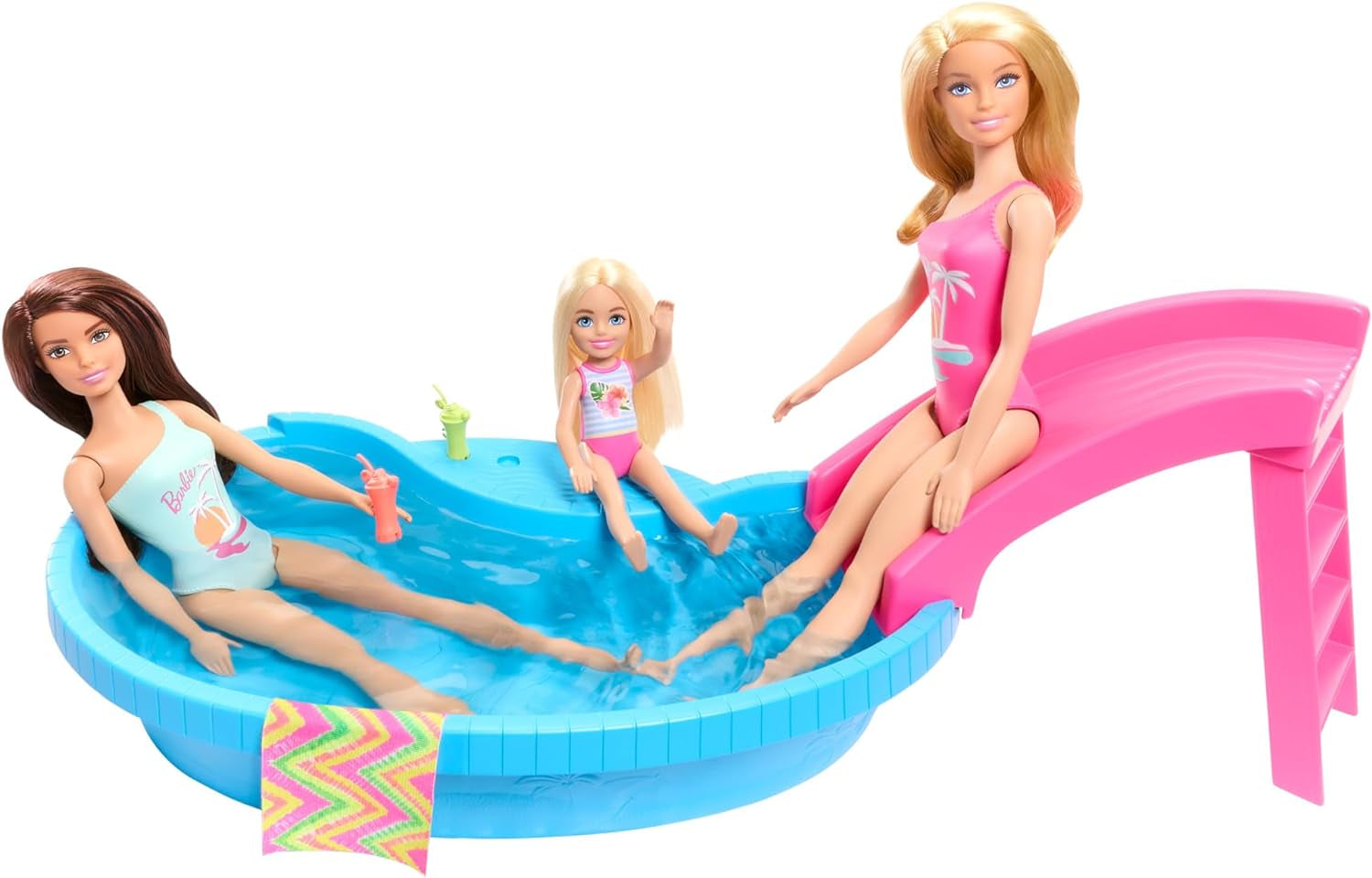Muñeca Barbie y accesorios - piscina con tobogán y accesorios para horas de diversión bajo el sol, bañador rosa con diseño tropical, para niños a partir de 3 años, HRJ74 Naty Shop Casas de Muñecas