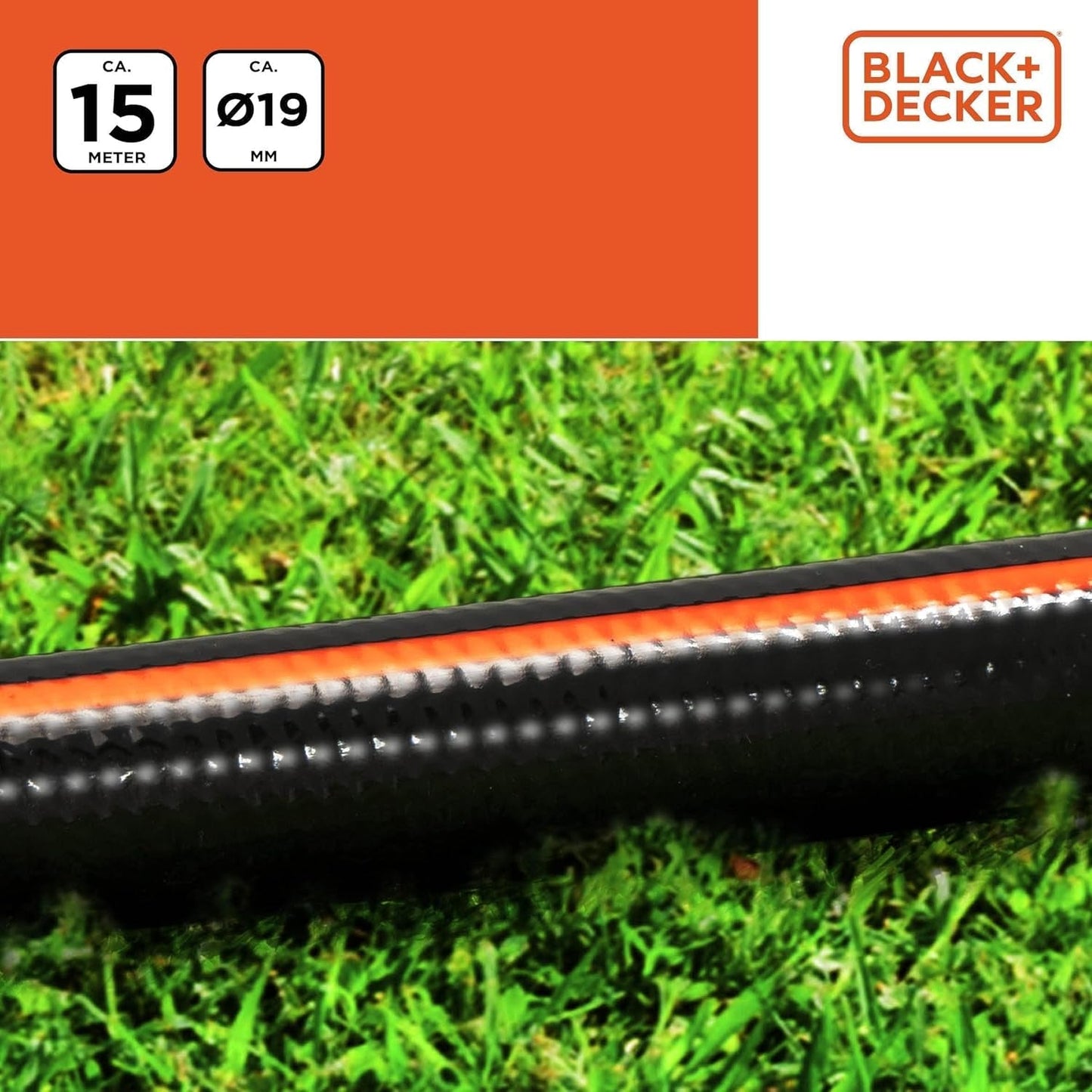 Manguera de Jardín BLACK+DECKER 15 metros - Ø19MM - PVC duradero - Regar el jardín, lavar el coche, llenar la piscina - Compatible con cualquier grifo estándar - Negro/Naranja