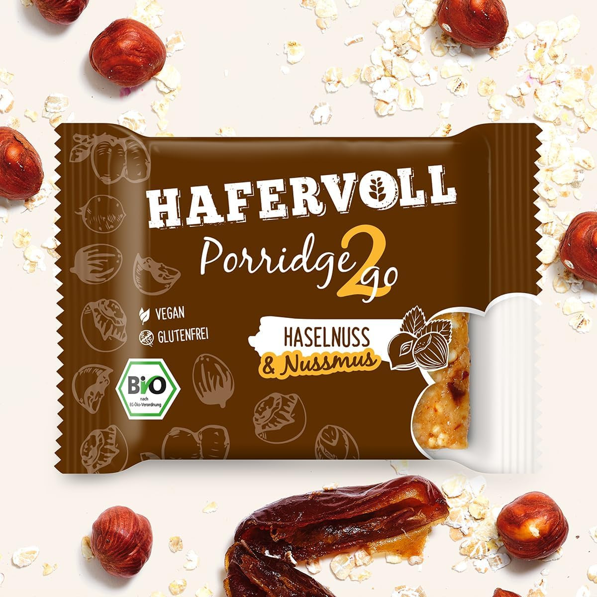 Hafervoll Porridge2go Mantequilla de maní y nueces, 13 barras x 55 g - Snack vegano, orgánico, sin gluten, sin azúcares añadidos, con avena, dátiles y caramelo de quinua