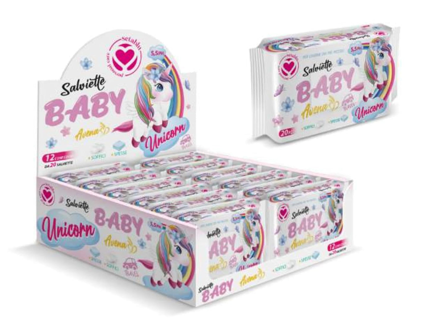 20 toallitas húmedas para bebé con patrón de unicornio y avena como se muestra en la imagen