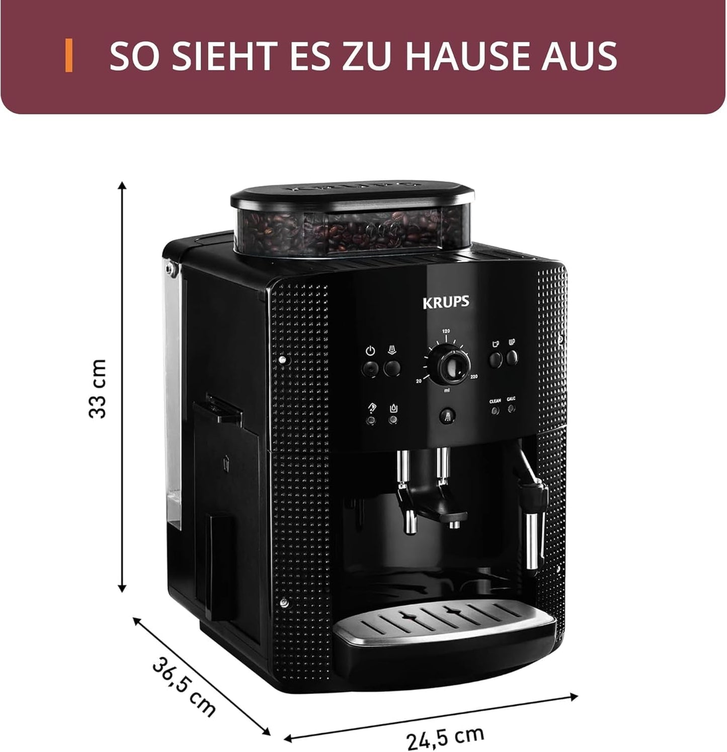 KRUPS Cafetera espresso automática Arabica Picto, diseño compacto, fácil de usar, control giratorio ajustable intuitivo, espumador de leche, función 2 tazas, cafetera espresso, negra, EA810870