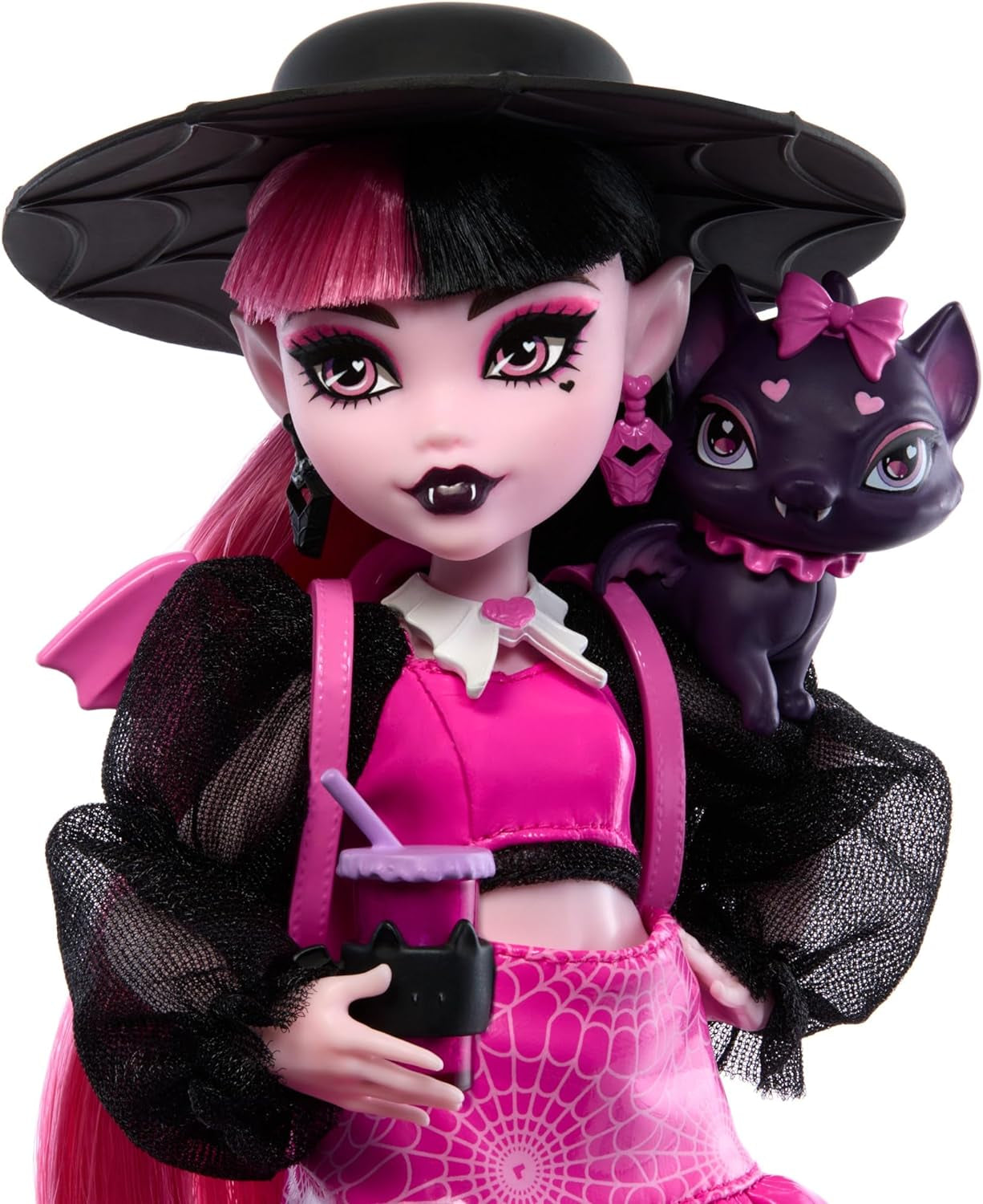 Muñeca Monster High Draculaura con su mascota Conde Fabuloso gato murciélago y accesorios como mochila, libro de hechizos, caja bento y más, HRP64 Naty Shop Muñecas