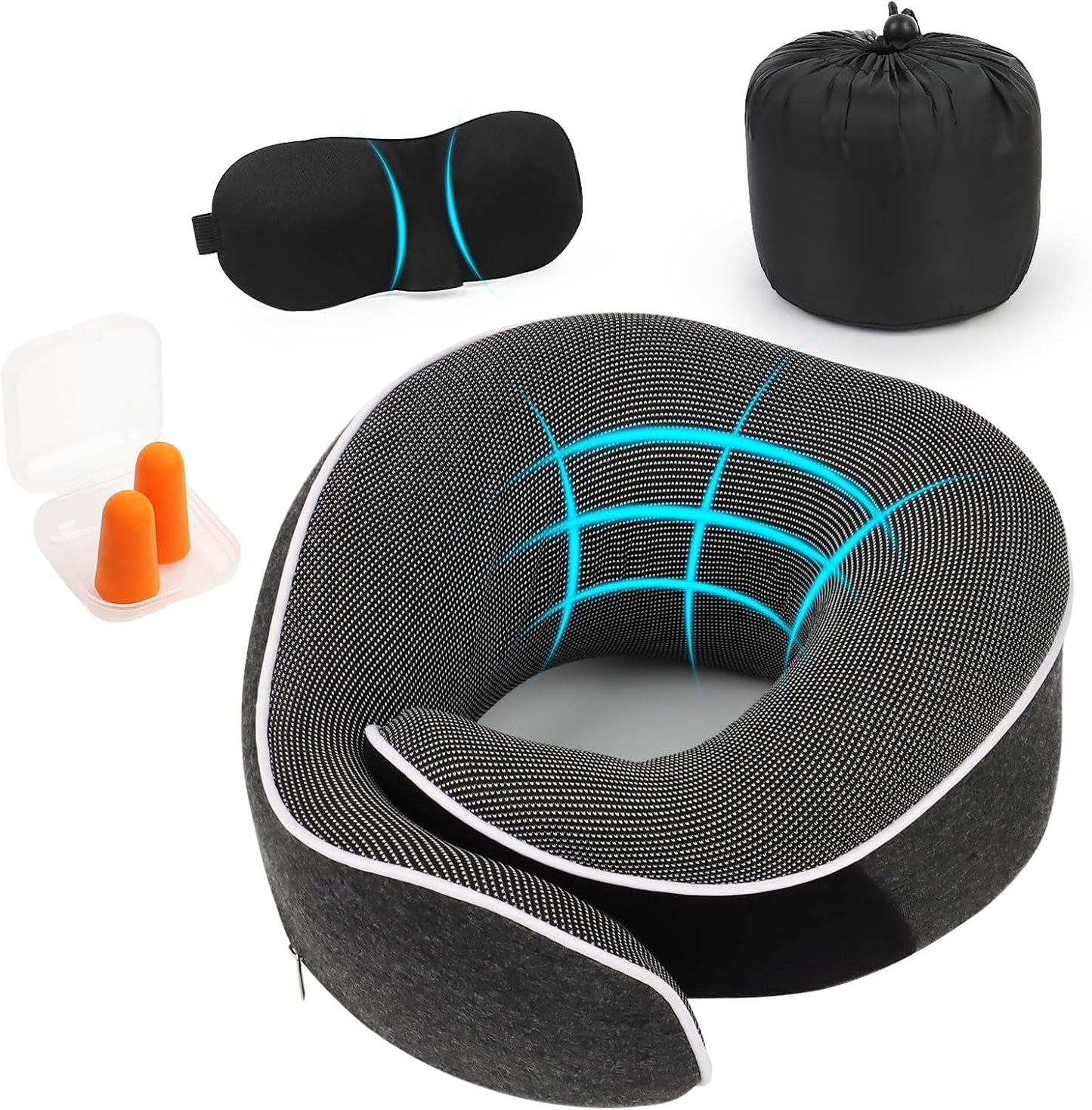 KILDOWS Almohada para el cuello del avión, almohada de viaje de espuma viscoelástica, almohada de viaje para avión con máscara para los ojos y tapones para los oídos, almohada ortopédica para el cuello, ideal para aire, coche, viajes en tren, almohadas cervicales ortopédicas Naty Shop Título predeterminado