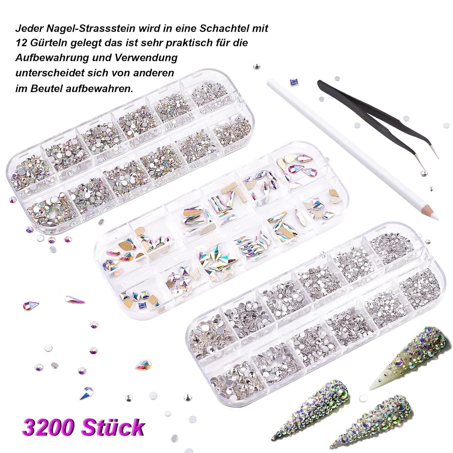Juego de 3200 piedras para uñas FITDON, piedras AB de vidrio multiforma y piedras AB con purpurina de diamante transparente para decoración de uñas, kits de bricolaje, joyería, llaveros, accesorios para uñas