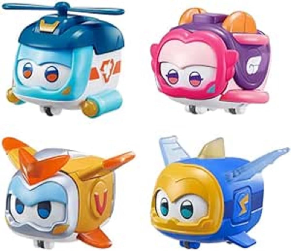 Super Wings Super Pets 4 PCS Shine, Golden Boy, Jerome, Ellie Expresión facial intercambiable Efecto relámpago Juguete portátil para niños de 3 4 5 6 7 8 años Figuras de acción de 2 pulgadas Naty Shop 4 Pack A