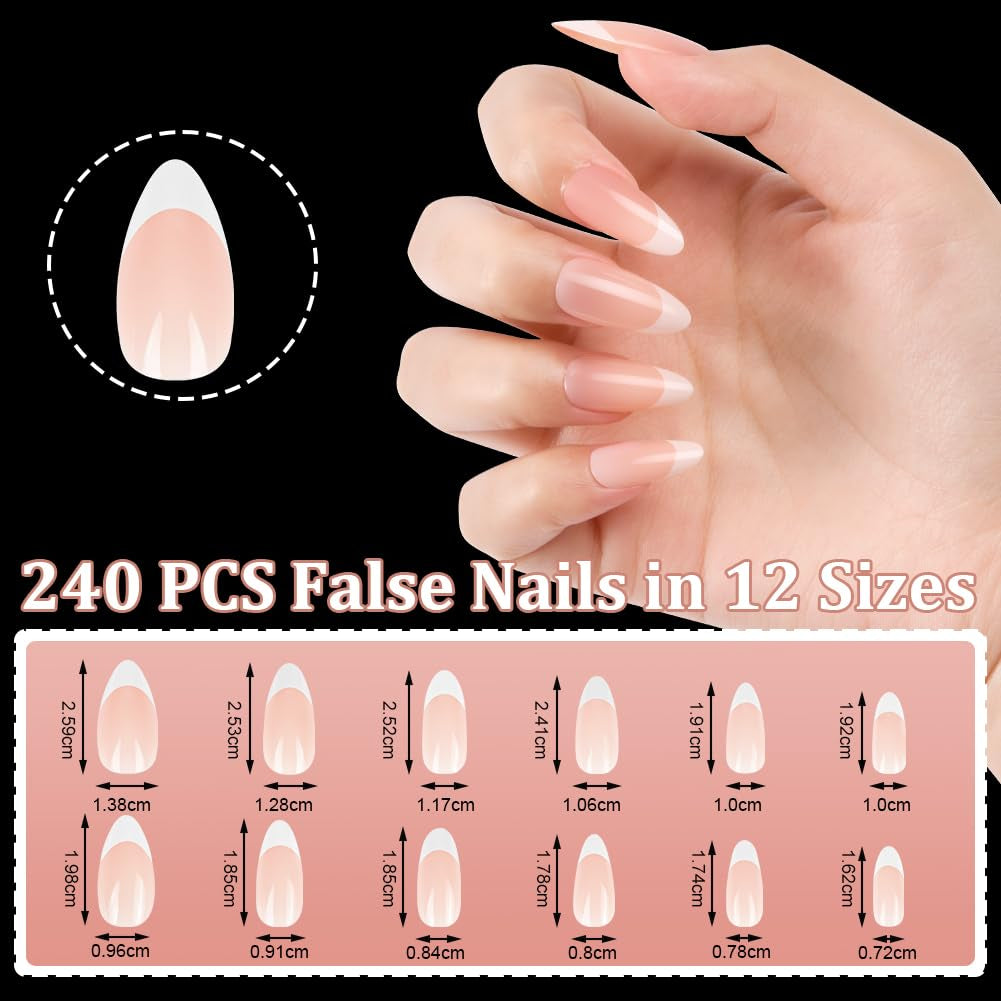 Juego de 240 puntas de uñas postizas, prensa francesa en uñas postizas, prensa en uñas francesas, 12 tamaños, uñas postizas con pegamento para mujeres y hombres (blanco desnudo, almendra mediana)