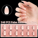 Juego de 240 puntas de uñas postizas, prensa francesa en uñas postizas, prensa en uñas francesas, 12 tamaños, uñas postizas con pegamento para mujeres y hombres (blanco desnudo, almendra mediana)