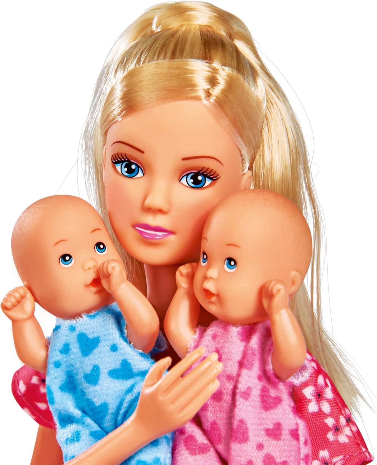Simba 105730211 - Steffi Love Nanny, con dos bebés, portabebés y silla de auto, accesorios, muñeca disfrazada, 29 cm, para niños a partir de 3 años