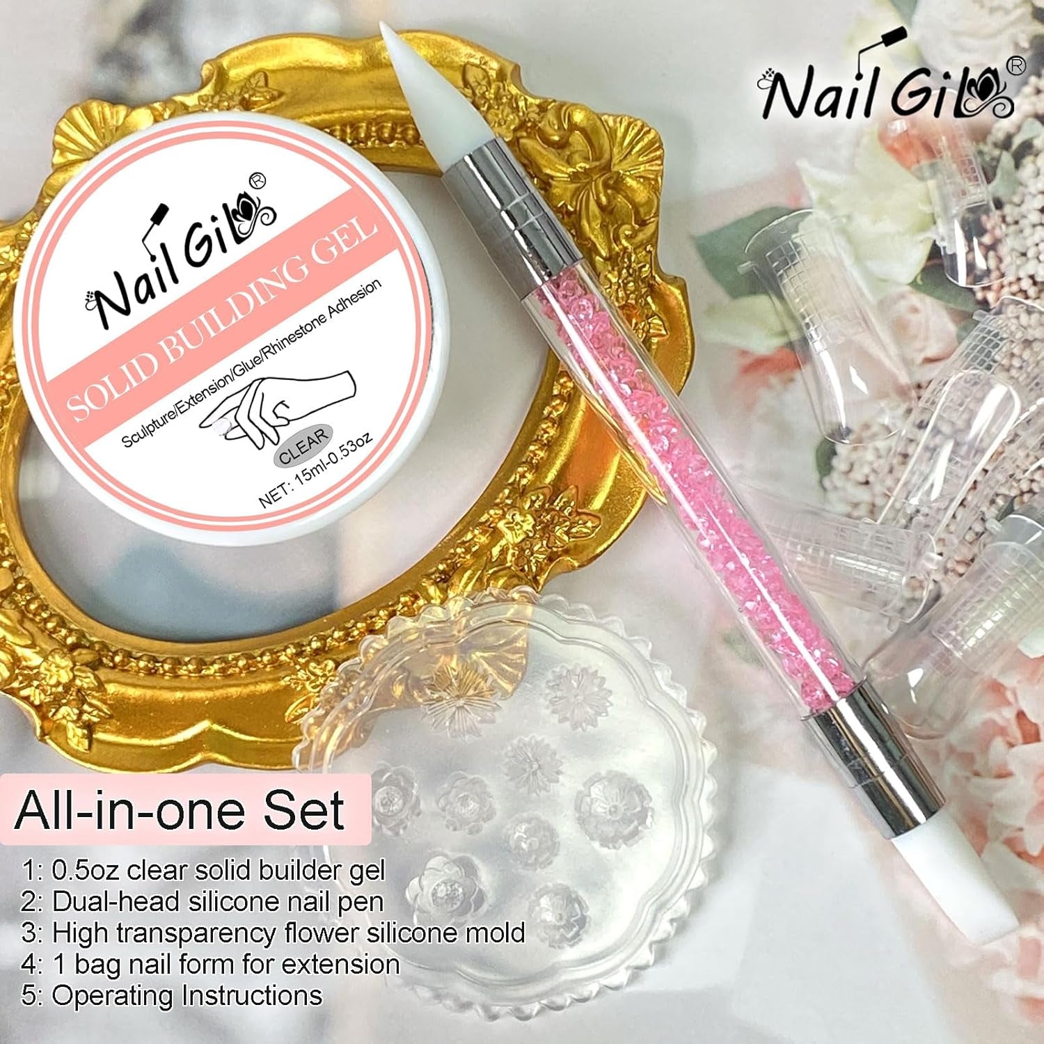 NAILGIL Esmalte de uñas de gel sólido, pegamento de uñas de gel sólido, escultura de arte de uñas 3D con juego de herramientas, salón de bricolaje en casa, transparente 15G