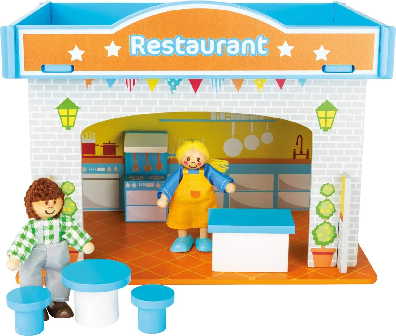 Small Foot 10852 Casa de Juegos Restaurante Fabricada en madera, Con 2 figuras de muñecas, accesorios y techo desmontable, A partir de 3 años Casas de Muñecas Naty Shop Restaurante