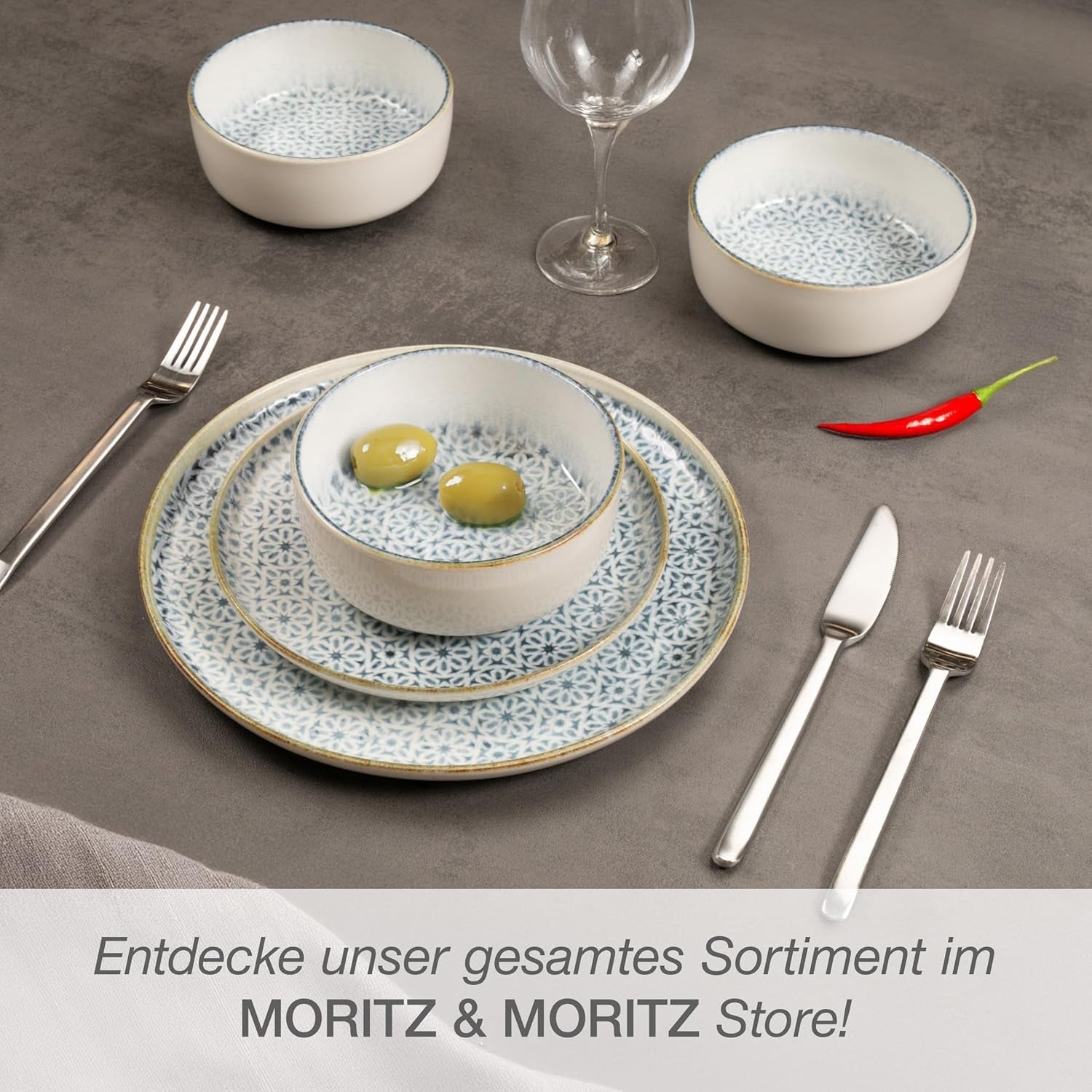 Moritz & Moritz ALHAMBRA Vajilla para 6, 18 piezas, Porcelana de Alta Calidad - Vajilla Moderna Azul - Juego de Fácil Cuidado que Incluye 6 Platos Llanos, 6 Platos de Postre y 6 Cuencos