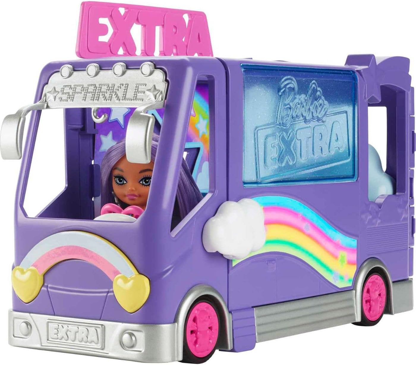 Muñeca Barbie Extra Mini Minis, muñeca Extra Mini Minis con furgoneta de gira con purpurina extra, incluye estación de maquillaje y accesorios para espectáculos, regalo para niños, juguete para edades de 3 años en adelante, HKF84