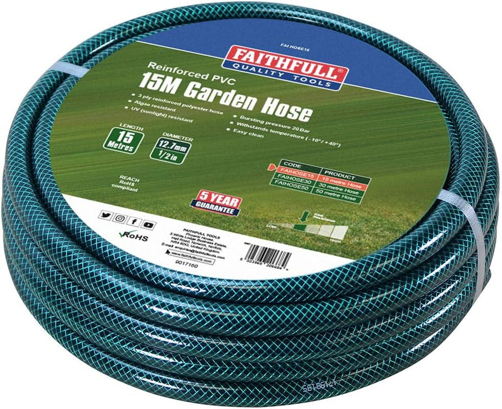 Manguera de jardín Faithfull de 50 m (164 pies) reforzada de 12,7 mm (1/2 pulgada) de diámetro - Tubería de PVC resistente, verde