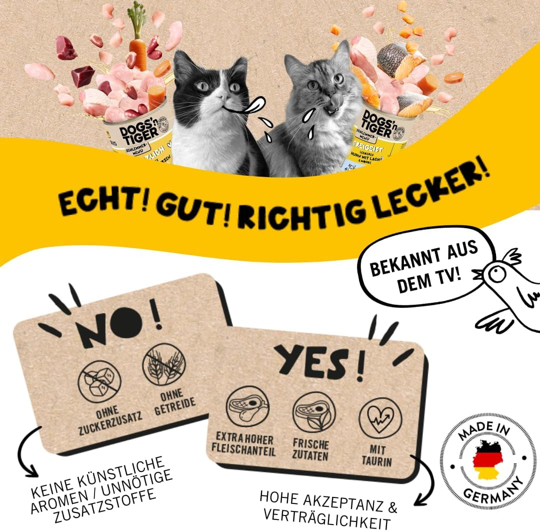 Dogs'n Tiger Schlemmermenü Glückskind, Nassfutter für Kätzchen, saftiges Hun und Forelle - ohne Getreide, Zuckerzusatz, künstliche Konservierungsstoffe, optima Verträglichkeit, 12x 200g