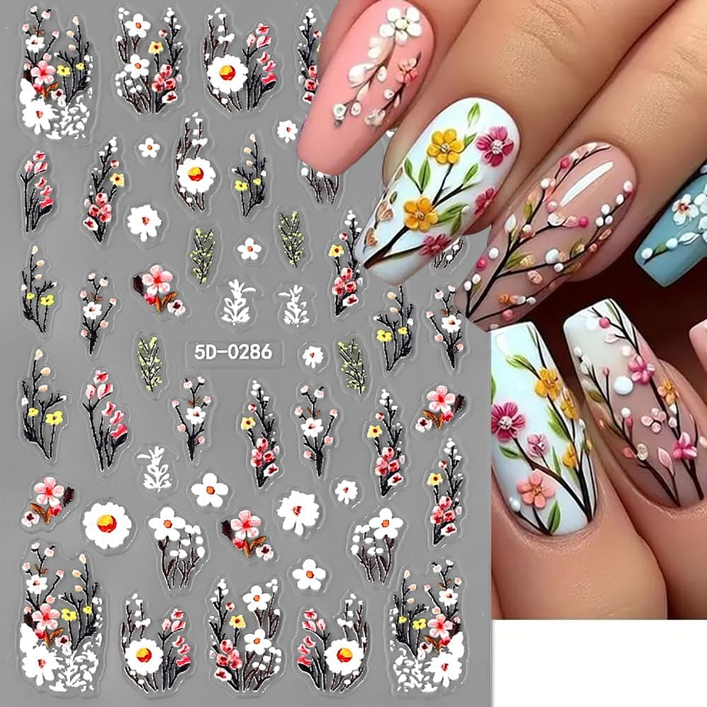 Calcomanías De Uñas De Flor De Ciruelo, Calcomanías De Uñas De Flor Rosa Blanca, Calcomanías De Uñas De Flor En Relieve, Calcomanías De Uñas De Flor De Primavera Verano, Diseños De Uñas, Accesorios De Uñas, Arte De Uñas