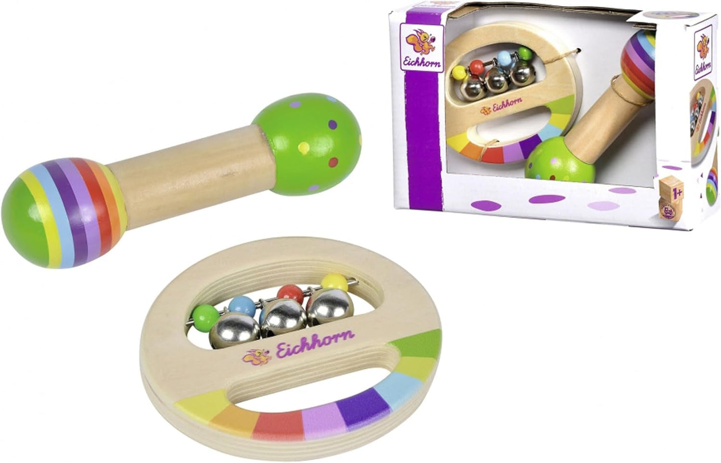 Eichhorn - Set musical de 2 piezas, incluye juguete con cascabeles y baqueta sonora, instrumentos musicales de madera de colores, a partir de 1 año Juguetes para bebés Naty Shop