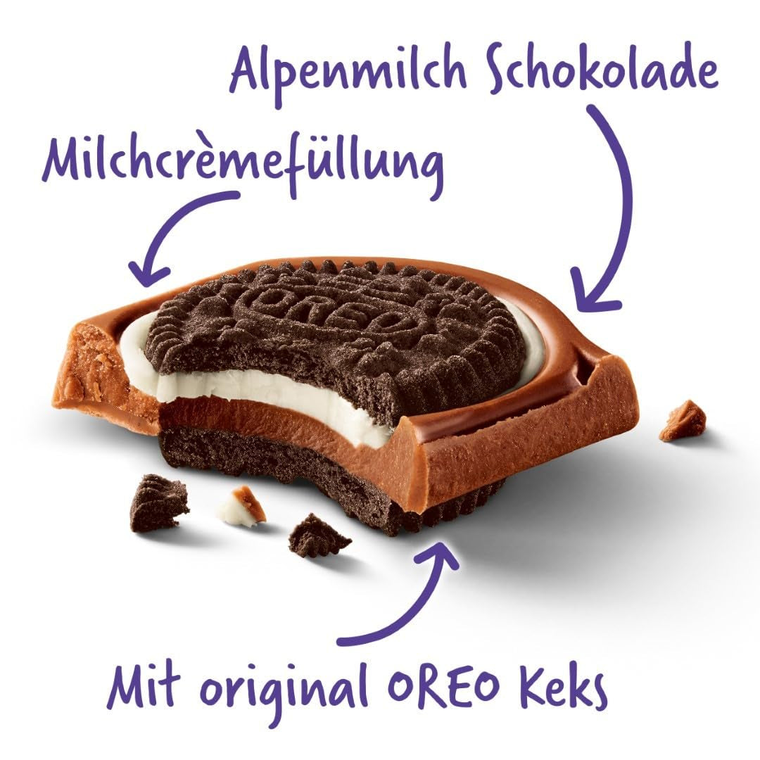 Sándwich Milka Oreo – Chocolate con leche alpino, relleno de crujientes trozos de galletas Oreo y suave crema de vainilla – 92g