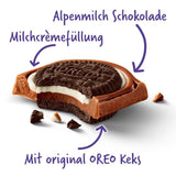 Sándwich Milka Oreo – Chocolate con leche alpino, relleno de crujientes trozos de galletas Oreo y suave crema de vainilla – 92g
