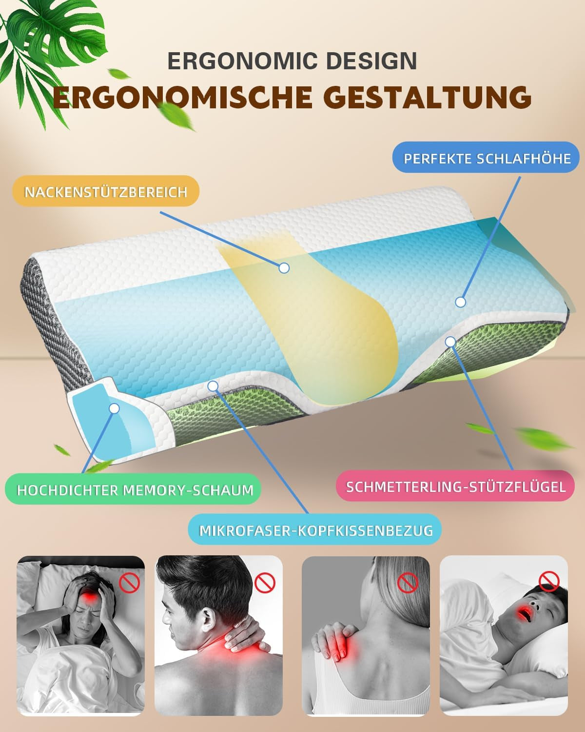 Almohada para el dolor de cuello, almohada ortopédica ergonómica para el cuello, almohada de espuma viscoelástica abdominal para la espalda lateral, almohada antironquidos para hombres y mujeres (62 * 34,5 * 12/8 CM) Almohadas ortopédicas cervicales Naty Shop