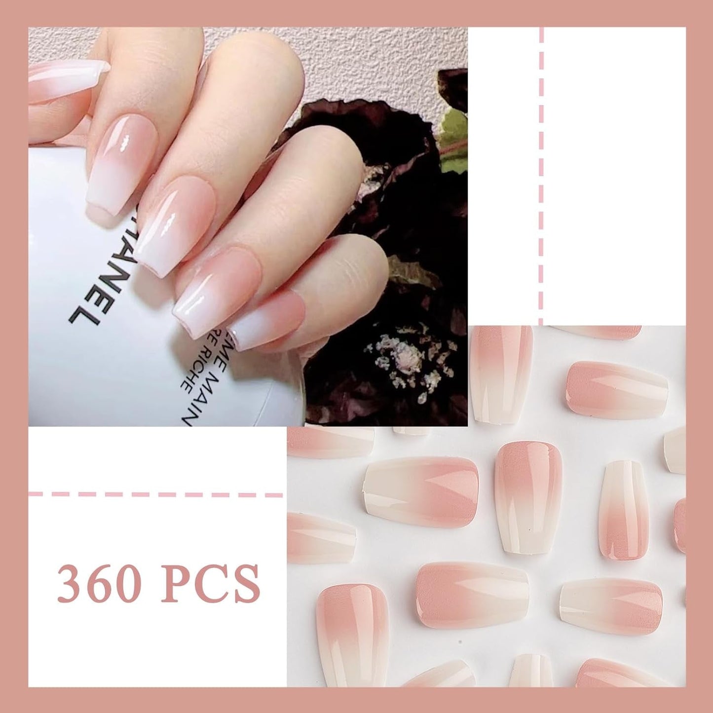 Juego de 360 ​​uñas postizas de bailarina degradada, uñas artificiales degradadas de color rosa y blanco con 2 bolígrafos de aceite de uñas, uñas postizas medianas Ombre para mujeres DIY