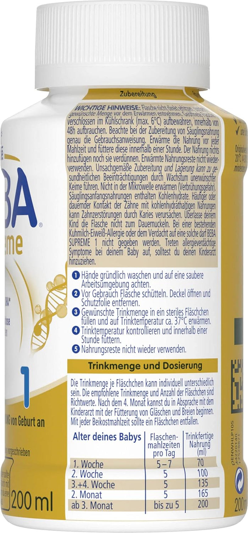 BEBA Nestlé BEBA SUPREME 1 Leche infantil: biberones listos para beber con Omega 3, pack de 4 (1 x 200 ml)