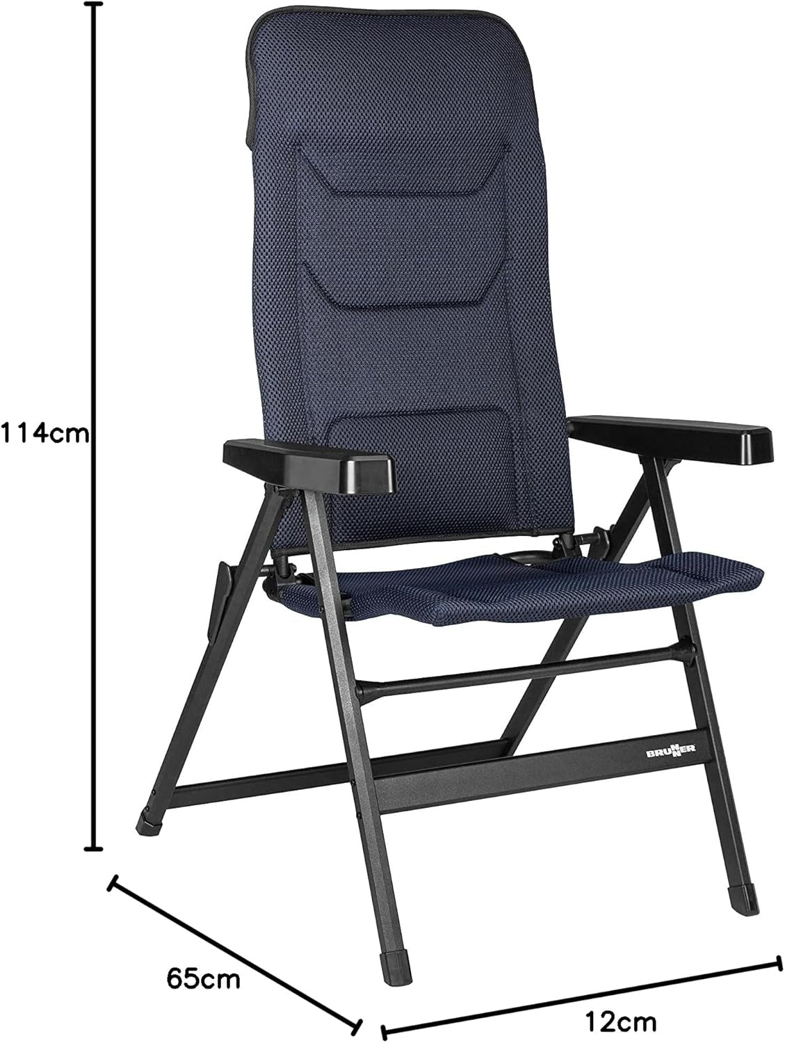 BRUNNER Rebel PRO (S-M-L) Silla plegable para camping, jardín, terraza Fabricada en aluminio, regulable en 5 posiciones, capacidad de carga hasta 150 kg, respaldo alto, negro o azul Cojines de viaje Naty Shop