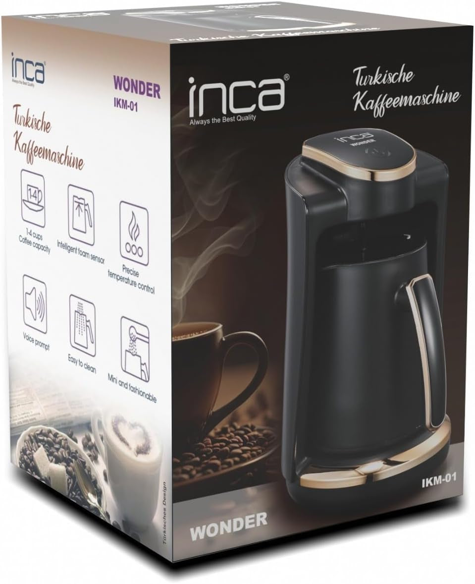 Cafetería turca Inca | Máquinas Türk Kahve | 250ml (1-4 tazas) | 400W | IKM-01 | Protección contra derrames y ebullición sin agua | Placa calefactora de acero inoxidable | Apagado automático | Para un café turco perfecto