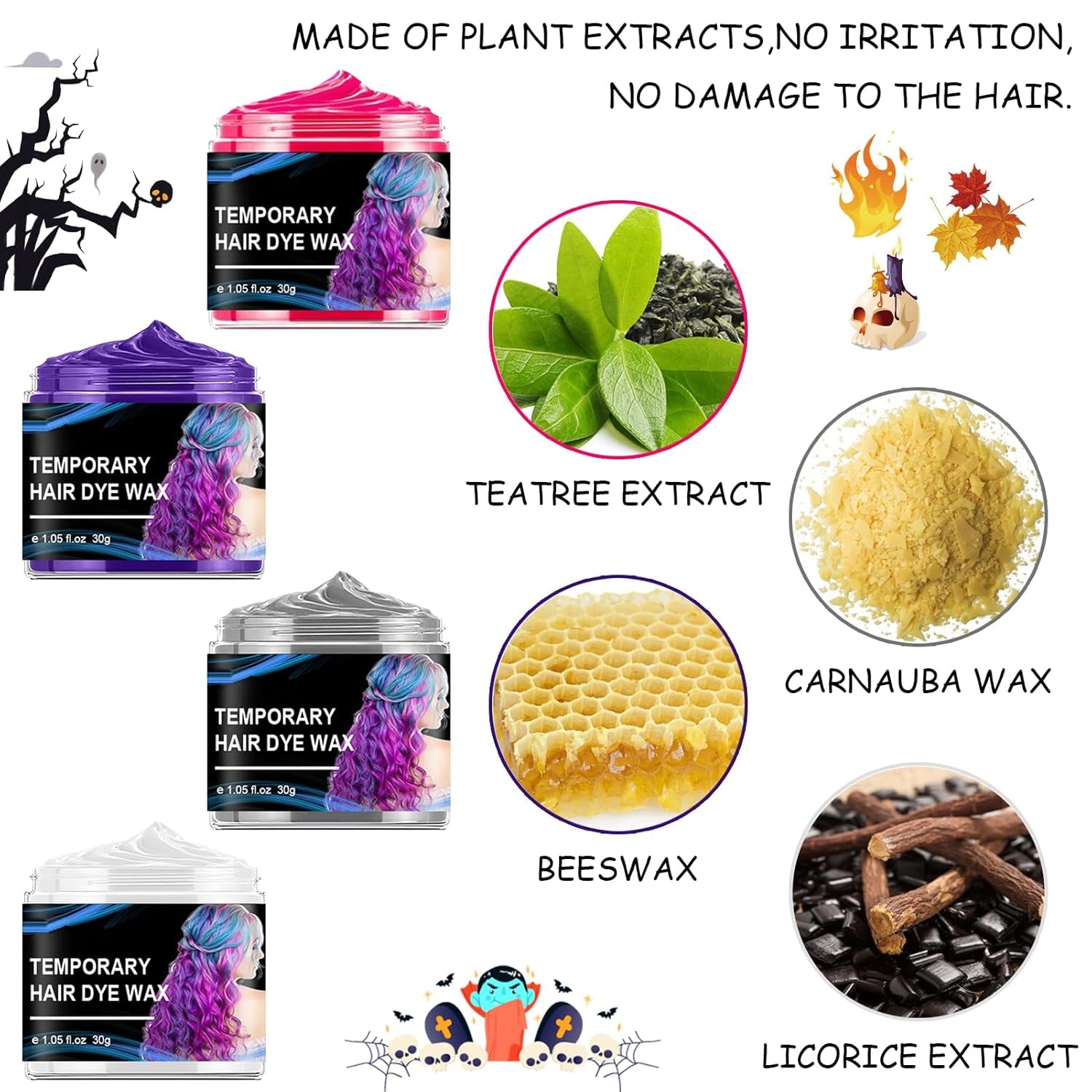 Tinte temporal para el cabello para Halloween, 4 colores, Color de pelo cera, tono de cabello para estilismo para hombres y mujeres, tinte para el cabello para fiesta de Halloween, tienda Naty