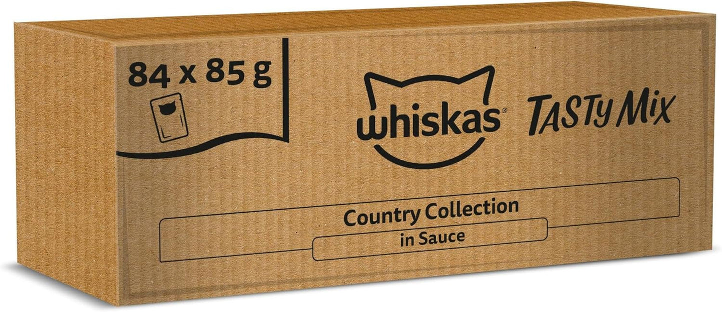 Whiskas Comida húmeda para adultos 1+ Tasty Mix Country Collection en salsa, 84 sobres, 84 x 85 g (1 paquete a granel) - Comida húmeda de alta calidad para gatos adultos