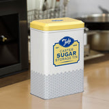 Caja de almacenamiento de metal con diseño retro de Tala Originals en amarillo y crema, puede contener una bolsa entera de azúcar en polvo