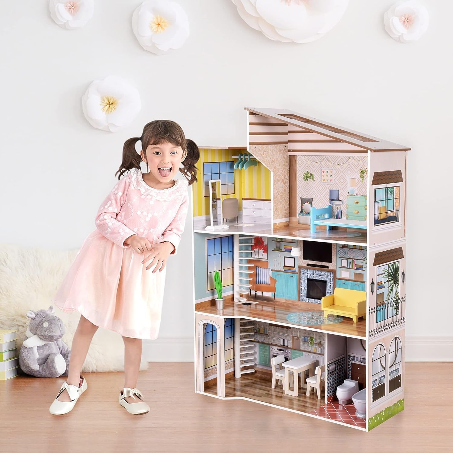Olivia's Little World Casa de muñecas interactiva de madera de 3 pisos de estilo mediterráneo contemporáneo para niños con 17 accesorios para muebles de muñecas Multicolor TD-13551B