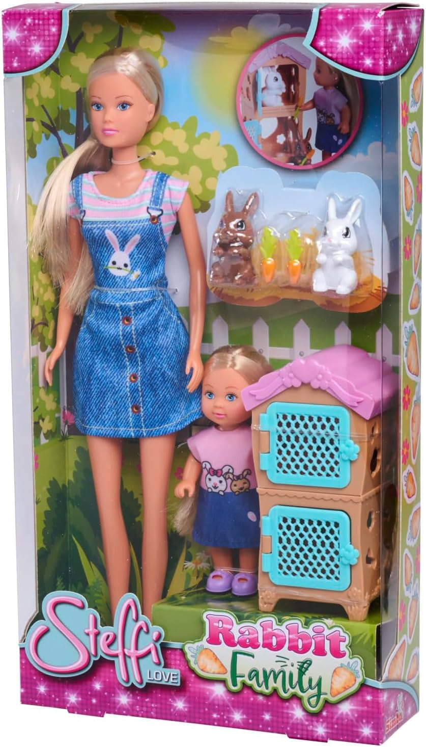 Simba Steffi Love Rabbit Family 12 cm 29 cm Muñeca de Juego con Jaula para Conejos y muñeca con Dos Conejos, a Partir de 3 años