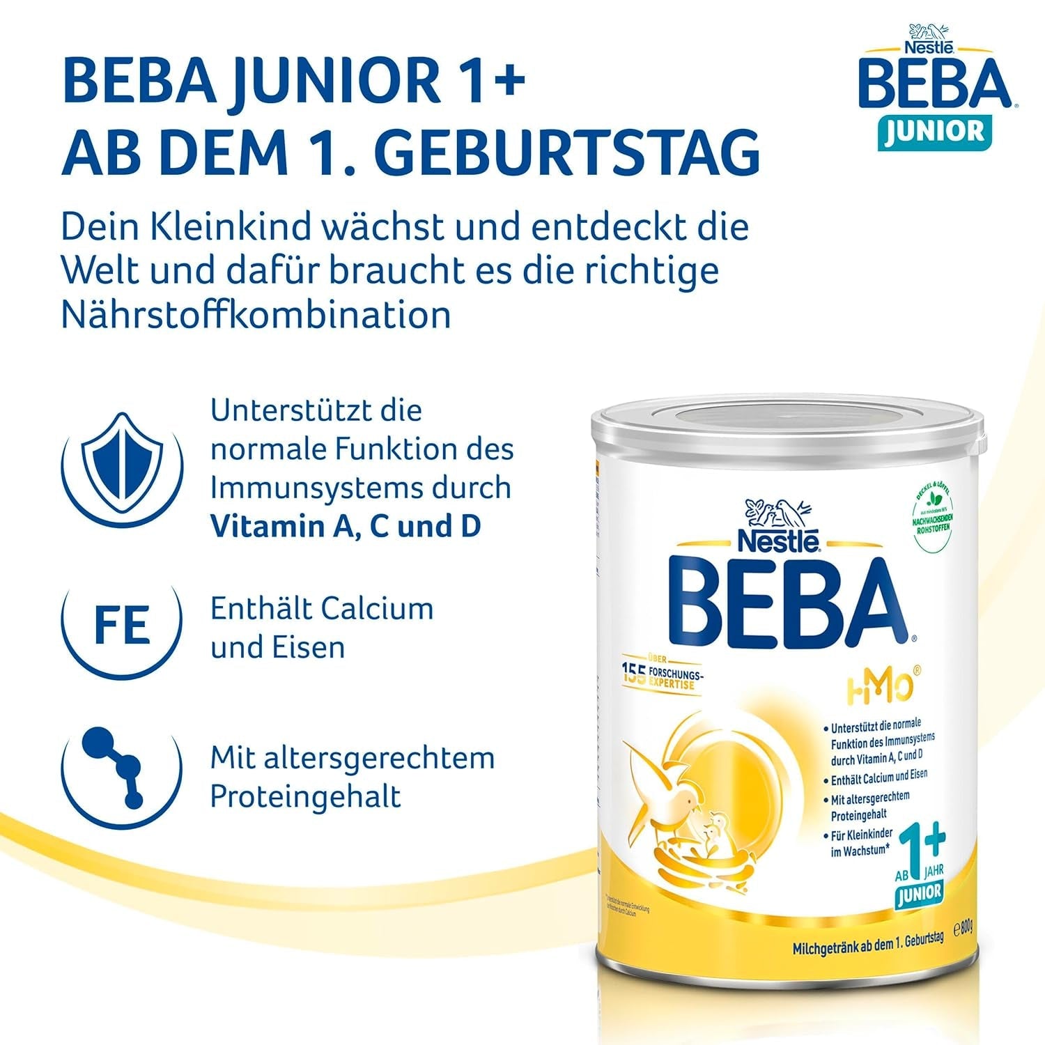 BEBA Junior 1+ bebida láctea a partir de 1 año, Con HMO, Contenido de proteínas apropiado para la edad, Solo lactosa, Sin aceite de palma, Sin aceite de pescado, Comida para niños pequeños, Leche en polvo para bebés, Paquete de 3 (3 x 800 g)