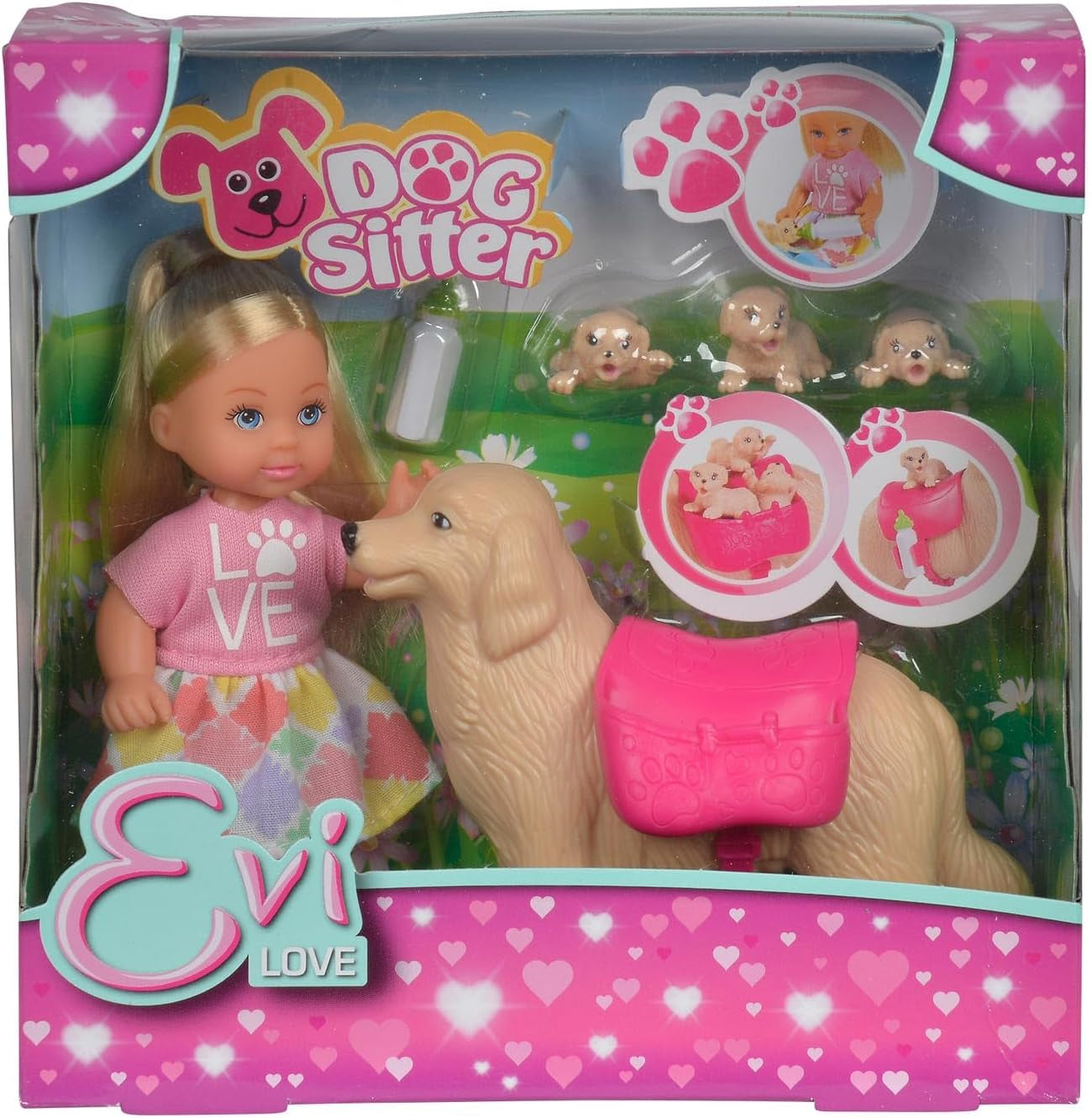 Simba 105733072 - Evi Love Dog Sitter con perro y tres cachorros, accesorios, muñeca de moda, 12 cm, para niños a partir de 3 años