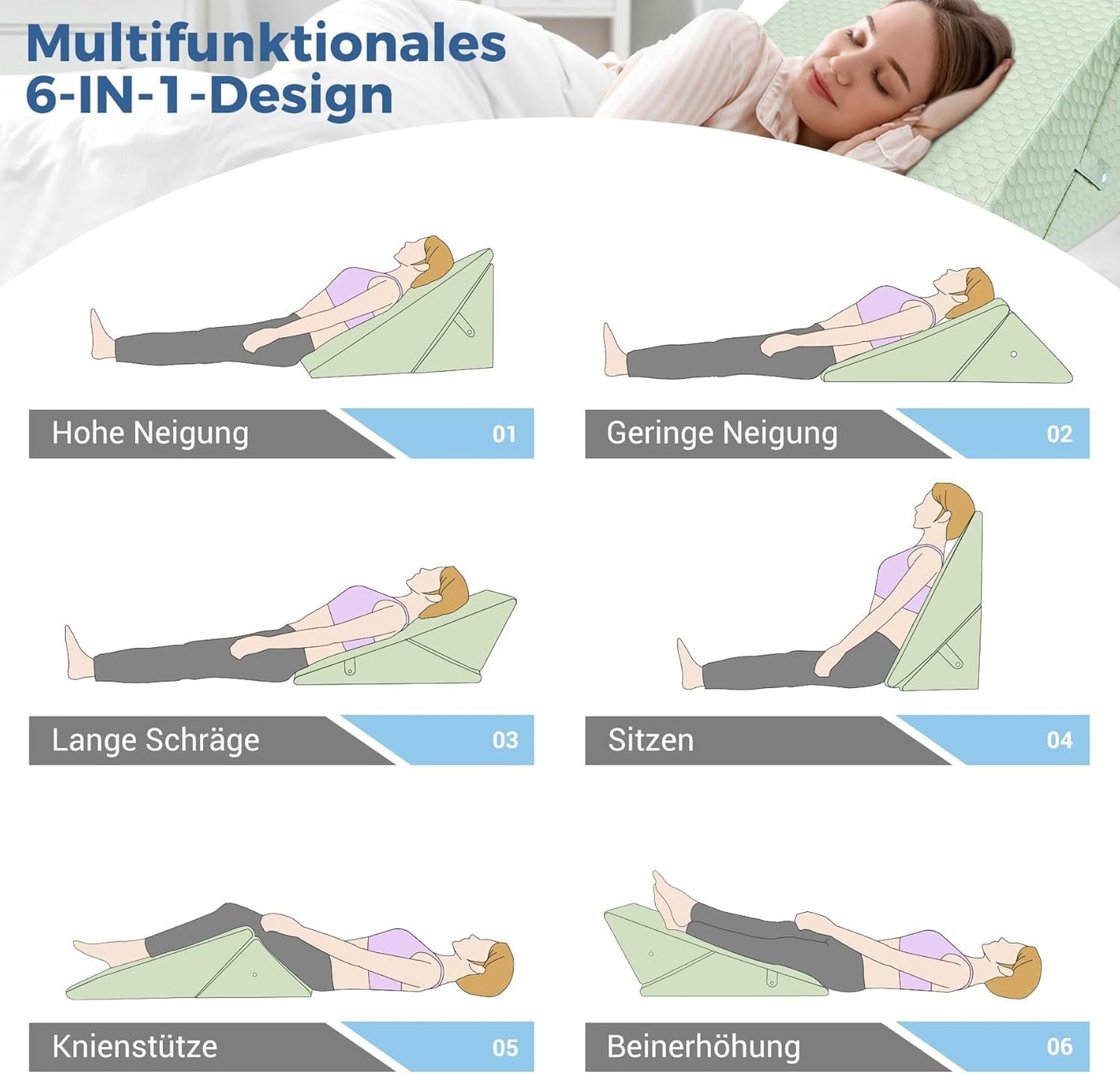 Almohada de cuña ajustable para niños, almohada de lectura de espuma de alta densidad para cama y sofá, almohada ergonómica para cabeza de cuña para apnea de reflujo del sueño, almohada para piernas/almohada de espalda para jugar y leer (verde)