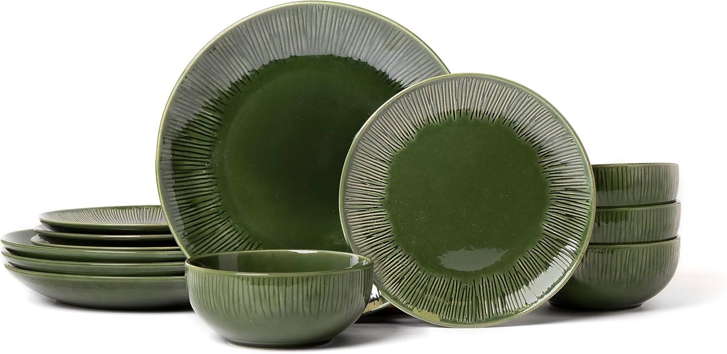Mikasa Jardin Vajilla de gres de 12 piezas, vajilla para 4 personas con platos, guarniciones y cuencos, verde - Caja de regalo y apta para lavavajillas