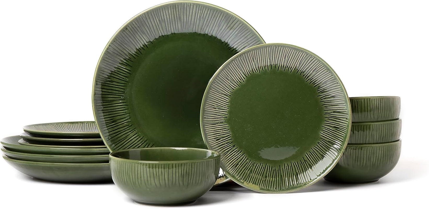 Mikasa Jardin Vajilla de gres de 12 piezas, vajilla para 4 personas con platos, guarniciones y cuencos, verde - Caja de regalo y apta para lavavajillas
