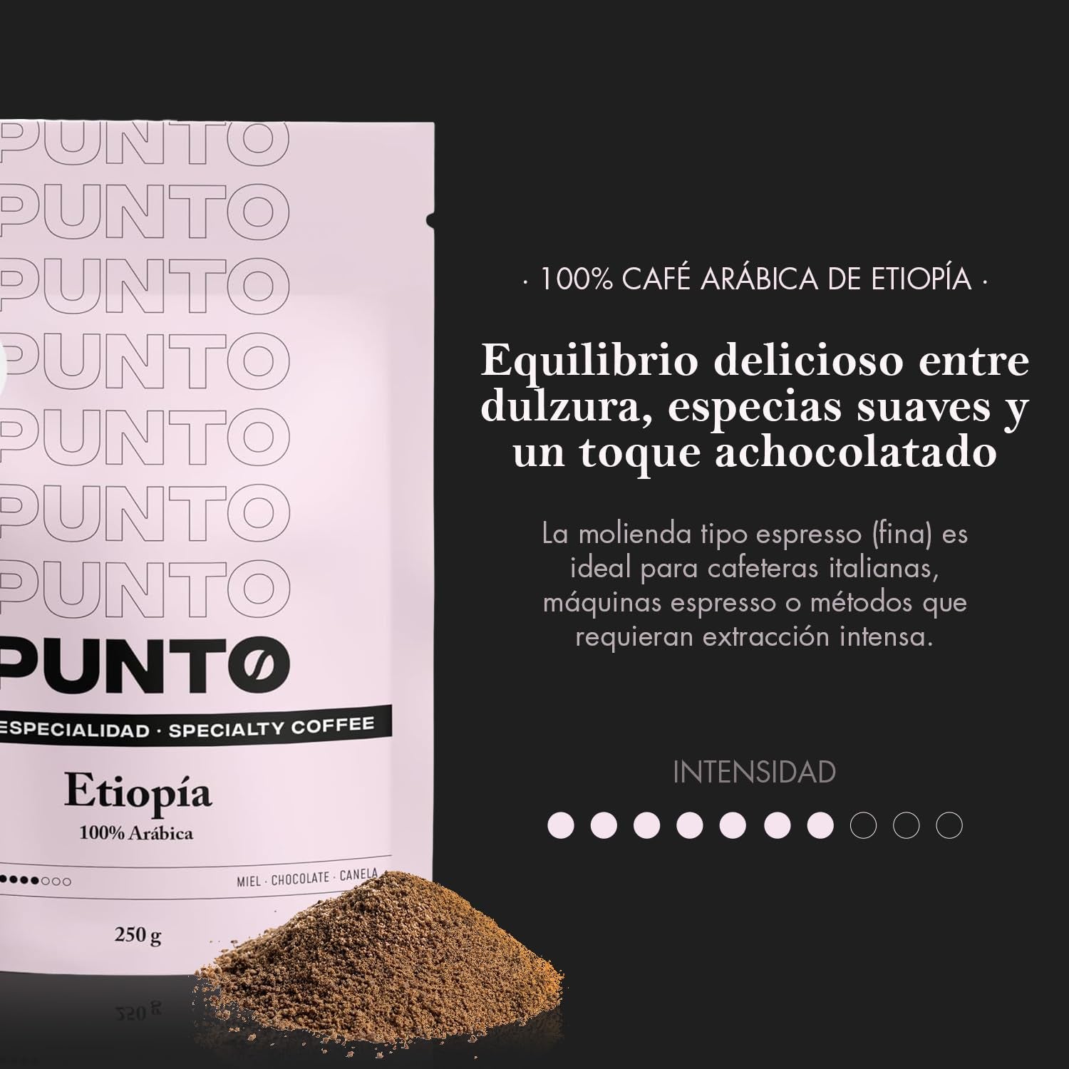 – Café etíope molido – 250 g – Café especial – Tueste medio – 100% Arábica – Notas de miel, canela y chocolate – Acidez intensa – Cuerpo medio