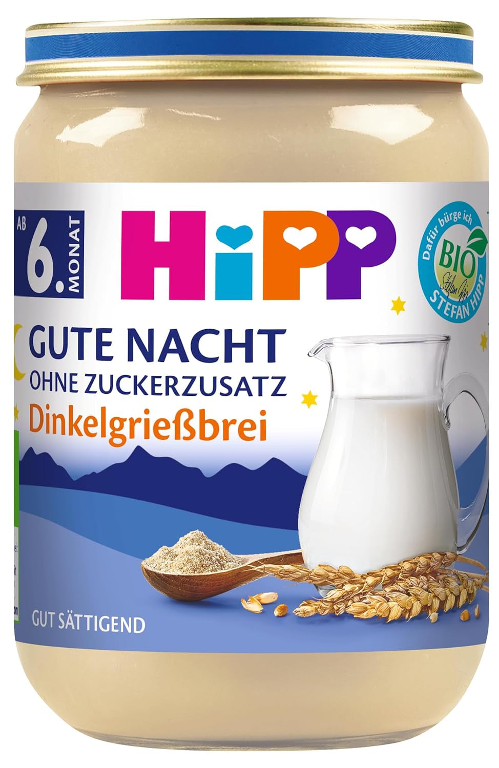 HiPP Organic Good Night papilla de espelta (6 x 190 g), papilla de bebé a partir de 6 meses, sin azúcares añadidos, muy saciante, la mejor calidad biológica