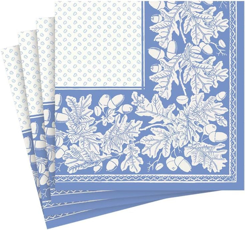 Servilletas de cóctel, hoja de roble y bellota, lino, azul francés y blanco, 15 por paquete