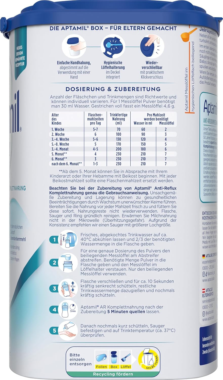 Aptamil Antirreflujo - Fórmula completa desde el nacimiento Manejo dietético Vómitos y regurgitaciones Alimentos para bebés Leche en polvo 1 x 800 g